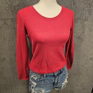 Gap Womens Small Red Waffle Knit Thermal Long Sleeve Crew Neck Top Shirt